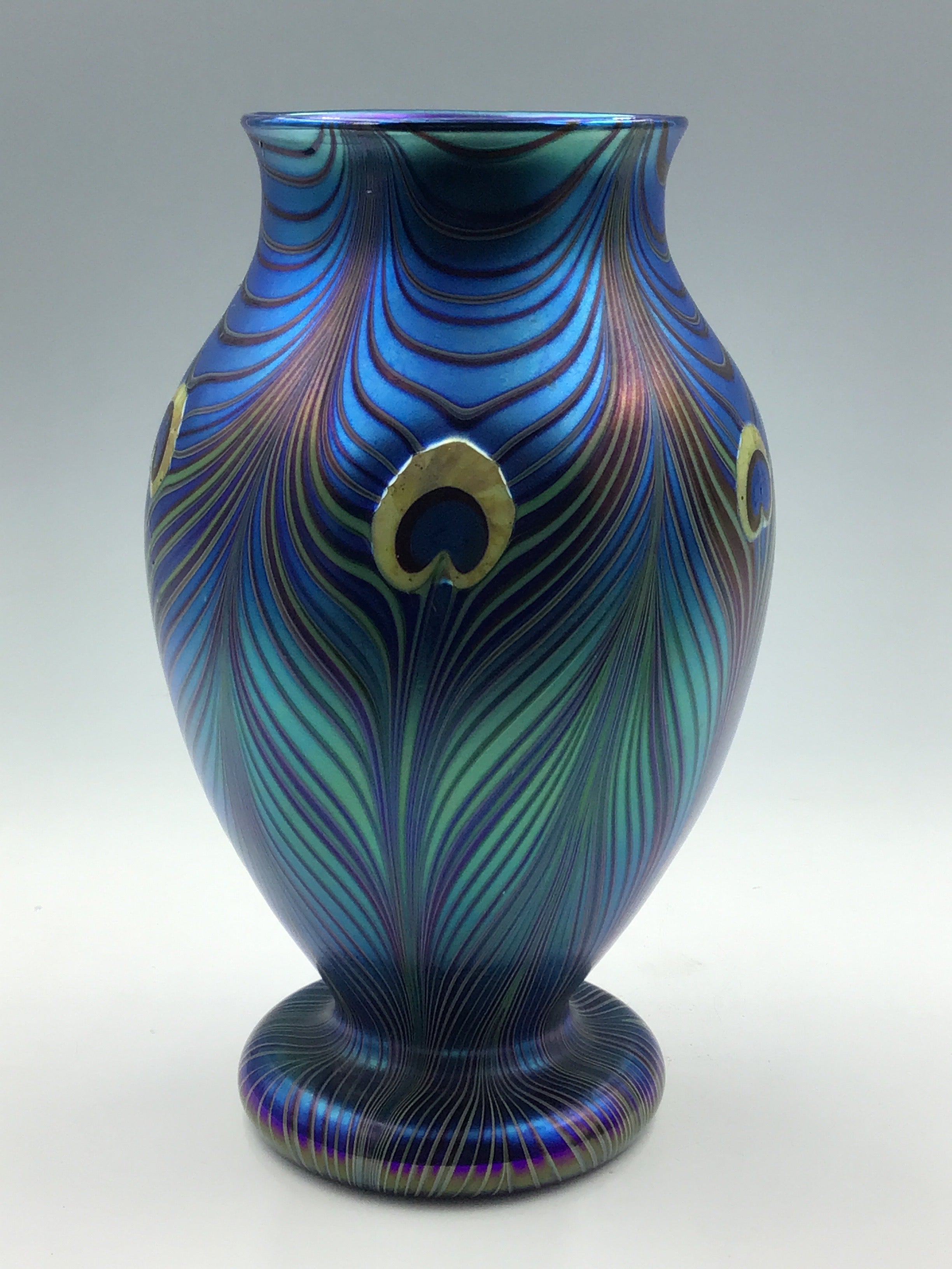 アメリカ　Orient & Flume Art Glass　フラワーベース O & F ORIENT & FLUME STUDIOS BLUE IRIDESCENT LUSTER ART
